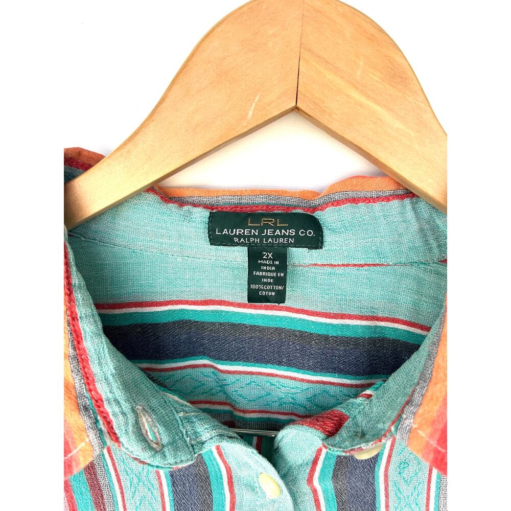 Ralph Lauren Vintage Striped Button Down Shirt Teal Oversized 2X XXL Classic - Picture 3 of 7